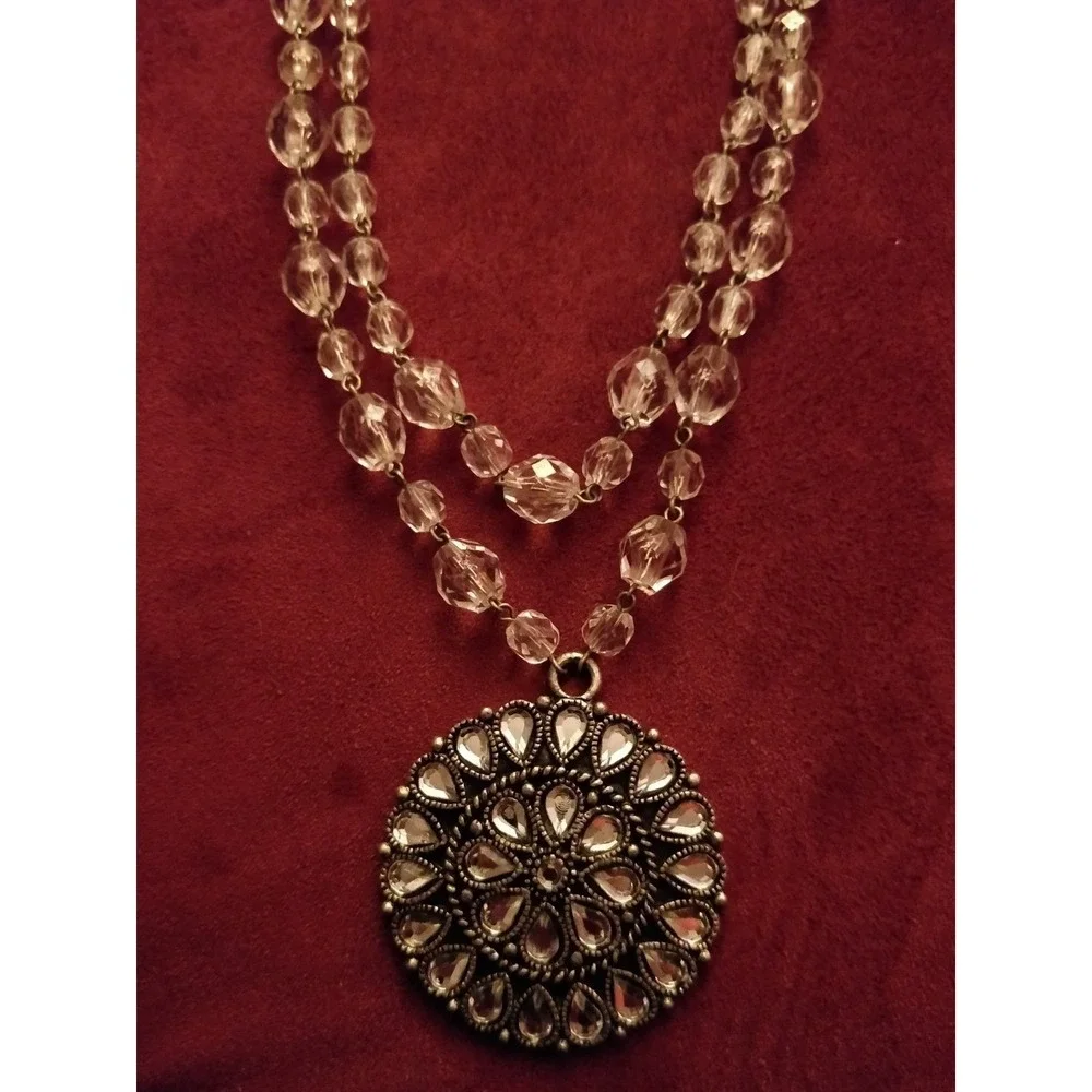 ROBERT ROSE NEW Clear Beaded Rhinestone Pendant Necklace Double Chain Dressy